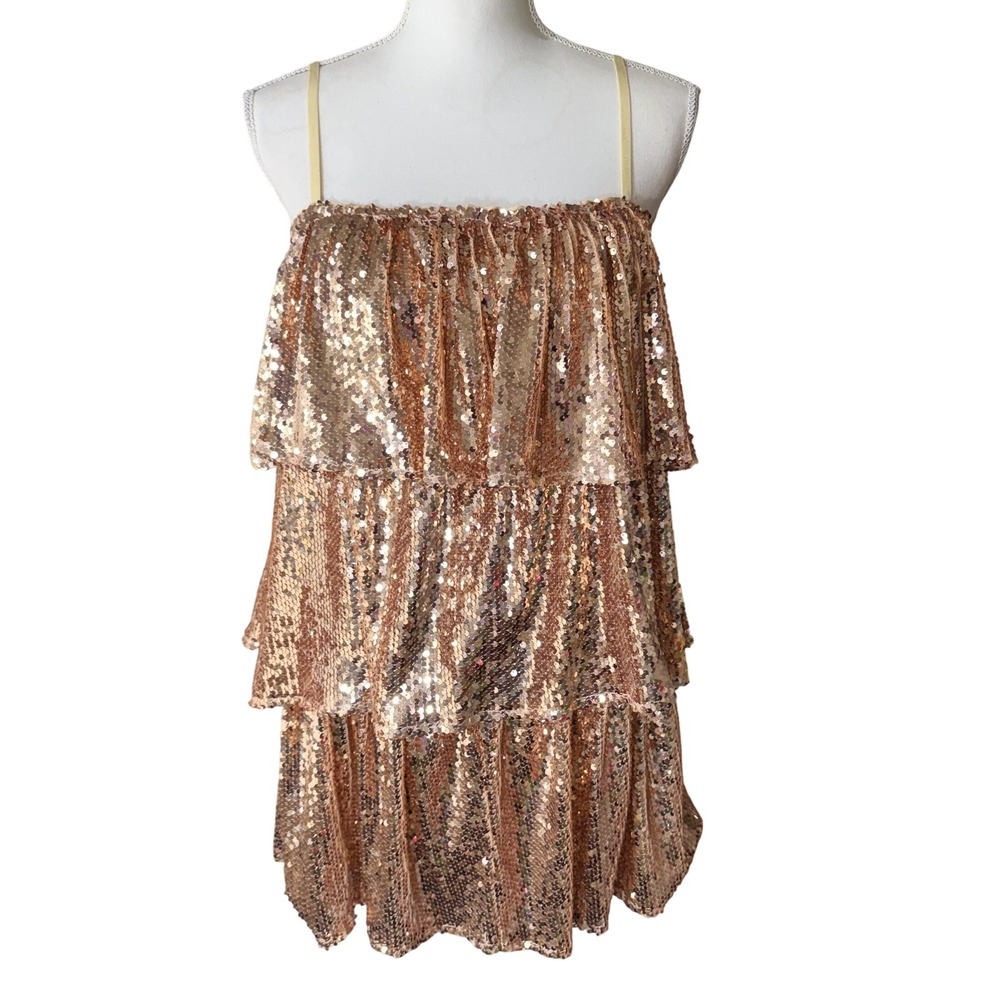 Day + Moon Sequin Tiered Mini Dress Champagne Gold Small Cocktail NWT FLAW